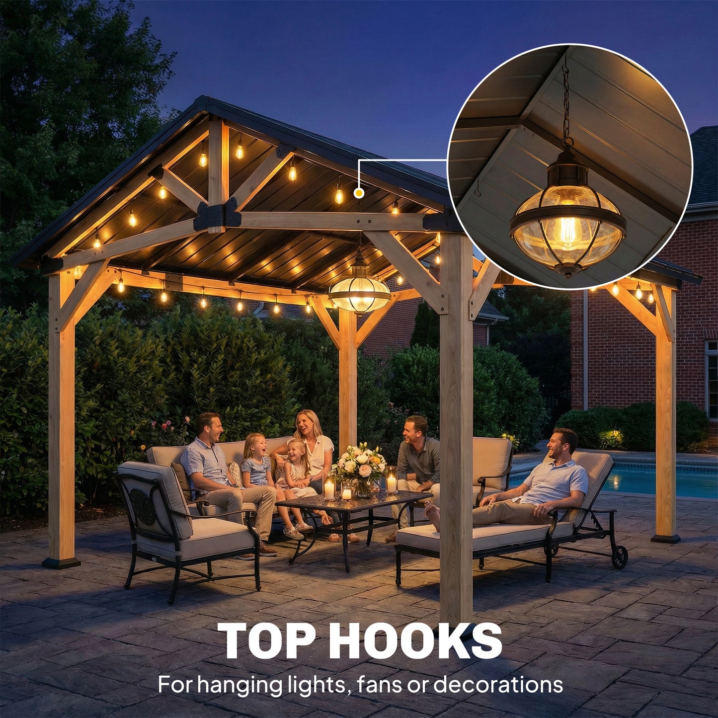 13' x 11' Hardtop Gazebo Canopy with Galvanized Metal Roof, Fir Wood Frame and Central Hook for Patio, Black Gray - Loving My Life Outdoors