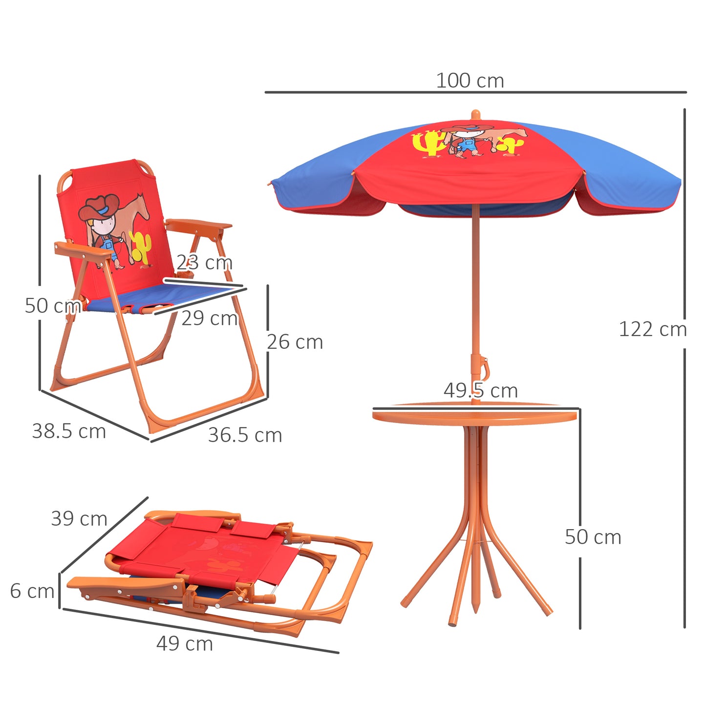 Kids Picnic Table And Chair Set, Cowboy Themed Outdoor Garden Furniture W/ Foldable Chairs, Adjustable Parasol - Loving My Life Outdoors