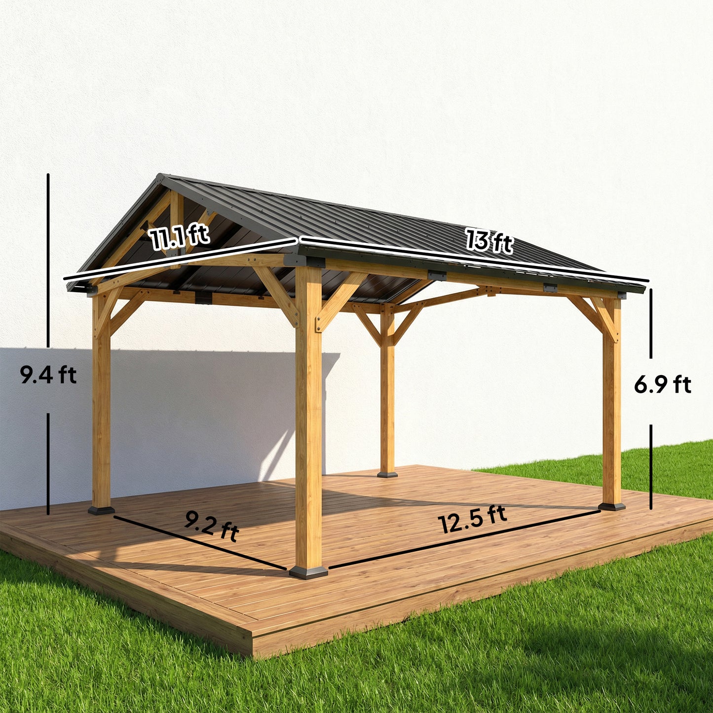 13' x 11' Hardtop Gazebo Canopy with Galvanized Metal Roof, Fir Wood Frame and Central Hook for Patio, Black Gray - Loving My Life Outdoors