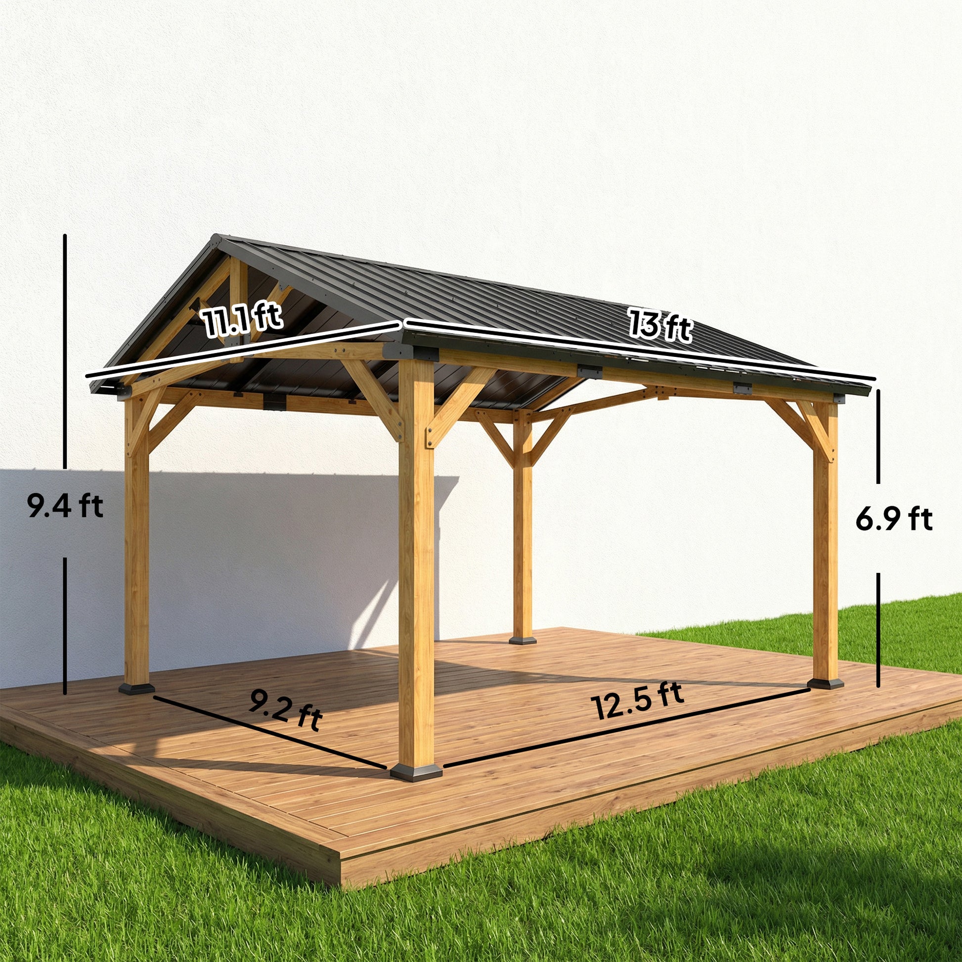 13' x 11' Hardtop Gazebo Canopy with Galvanized Metal Roof, Fir Wood Frame and Central Hook for Patio, Black Gray - Loving My Life Outdoors