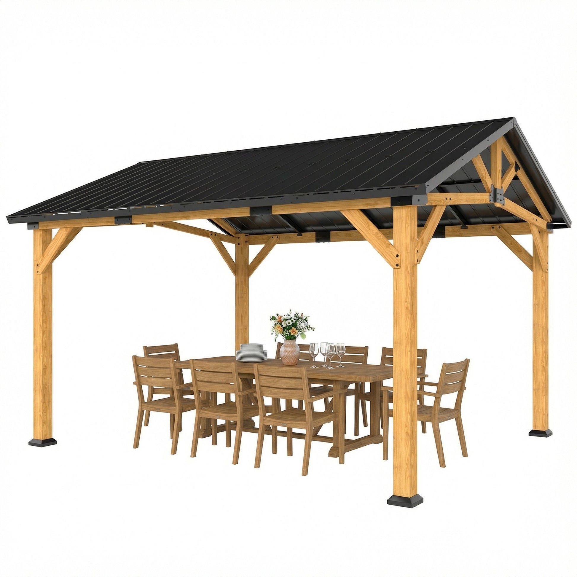 13' x 11' Hardtop Gazebo Canopy with Galvanized Metal Roof, Fir Wood Frame and Central Hook for Patio, Black Gray - Loving My Life Outdoors