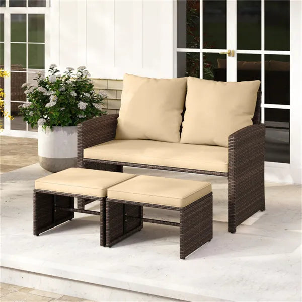 Outdoor Patio Furniture Set, PE Rattan Loveseat & 2 Ottomans Removable Cushions Metal Frame - Loving My Life Outdoors