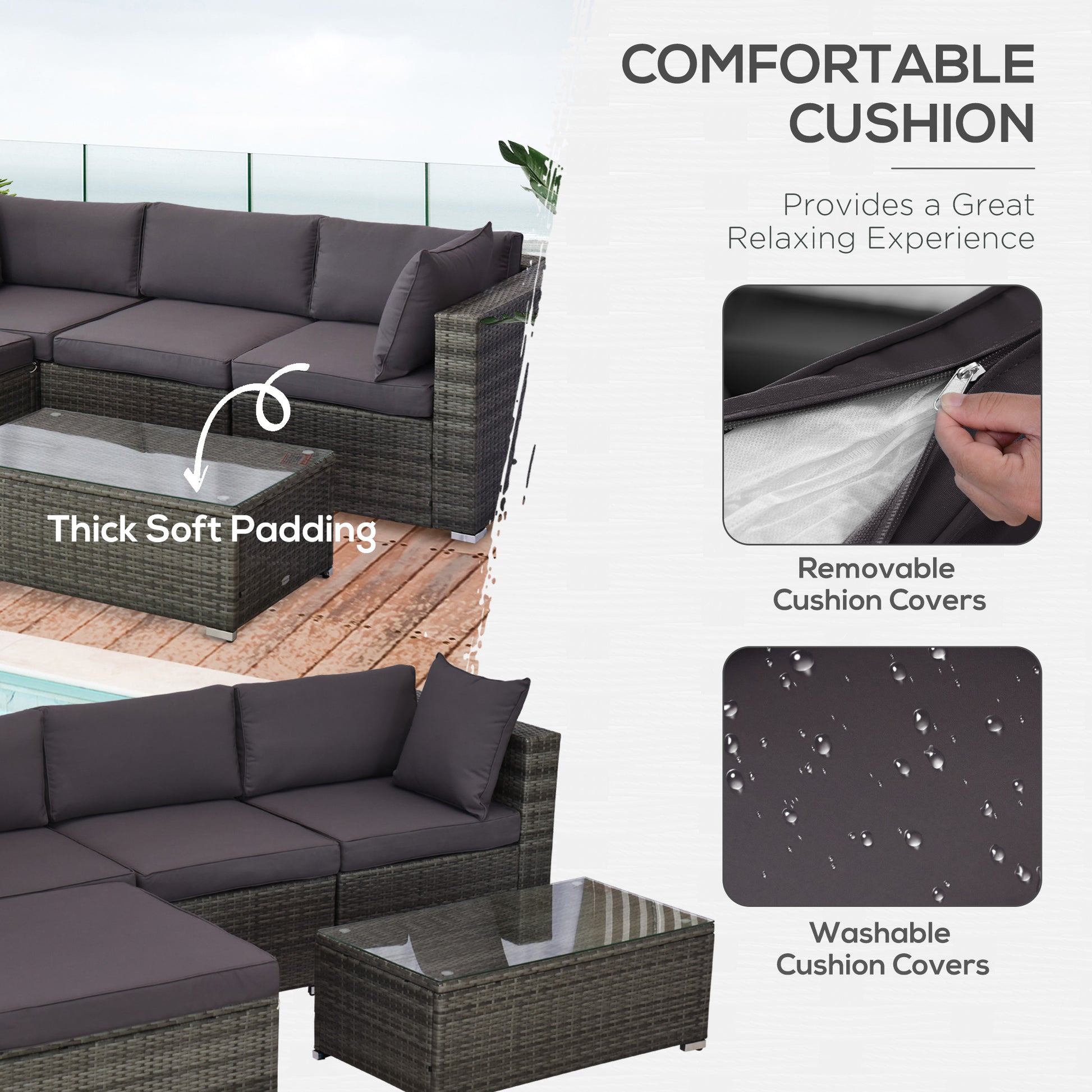 5-Piece Outdoor Sectional Furniture, Patio Sofa Set, PE Wicker Couch, Cushions, Pillows, Ottoman, Table, Charcoal - Loving My Life Outdoors
