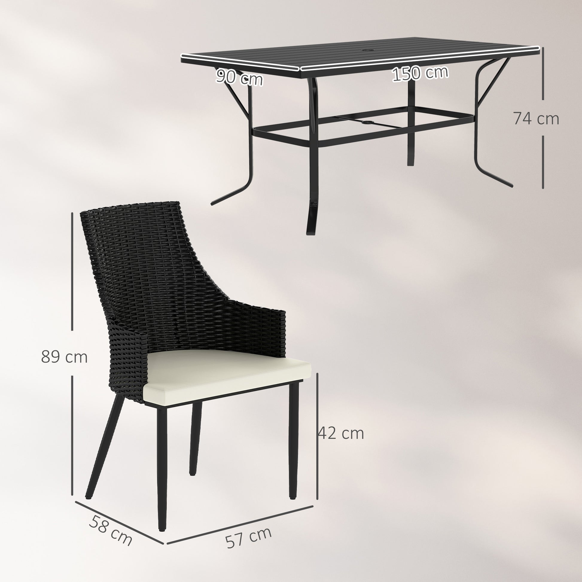 6 Seater Rattan Dining Set With Cushions, Garden Furniture Set With Armchairs, Rectangle Slatted Table Top, Steel Frame, Parasol Hole, Wicker Outdoor Furniture For Patio, Balcony, Cream White - Loving My Life Outdoors