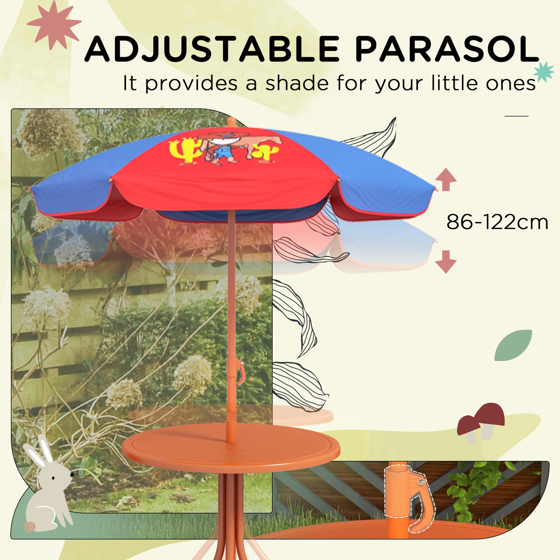 Kids Picnic Table And Chair Set, Cowboy Themed Outdoor Garden Furniture W/ Foldable Chairs, Adjustable Parasol - Loving My Life Outdoors