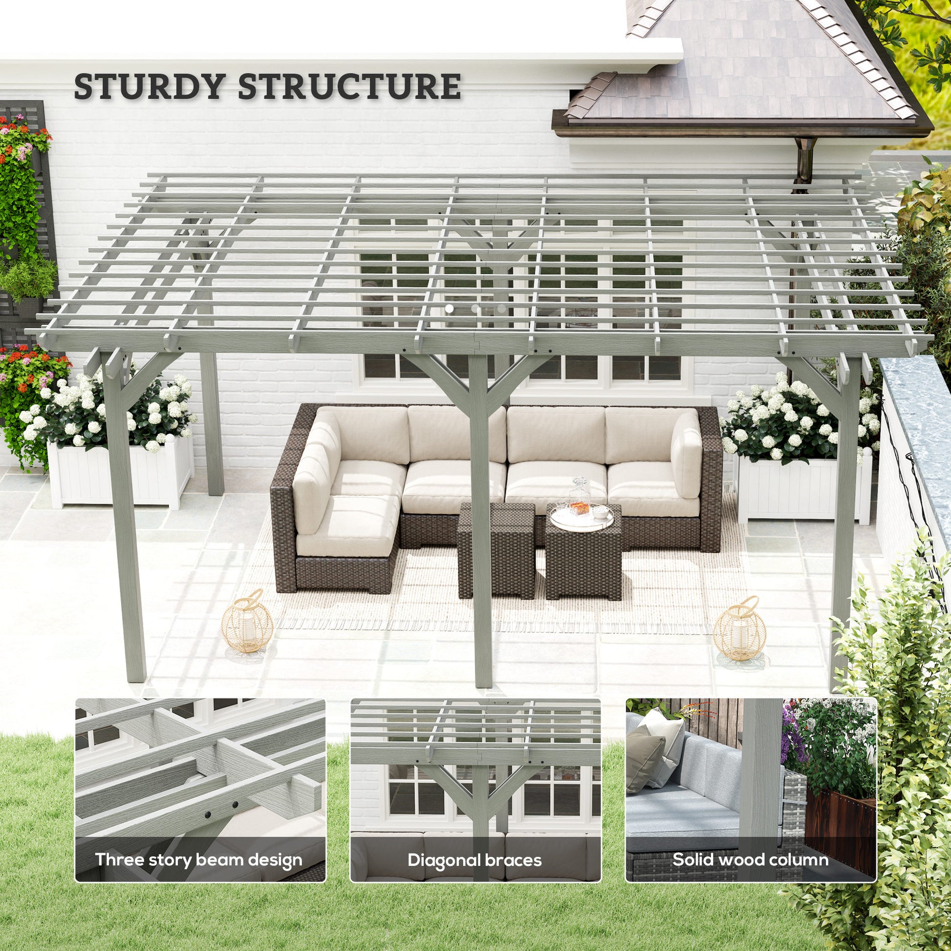 12' x 16' Outdoor Pergola, Wood Gazebo Grape Trellis with Stable Structure for Climbing Plant Support, Gray - Loving My Life Outdoors