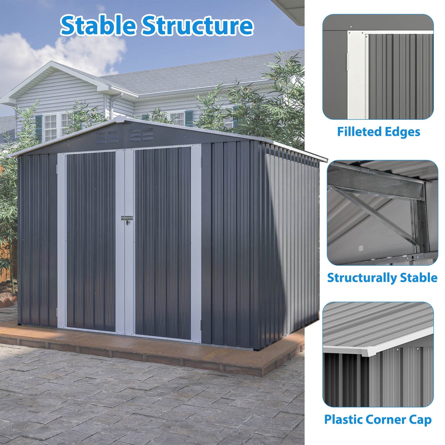 8 X 6 FT Outdoor Waterproof Garden Tool Storage Sheds With Metal Foundation With Floor Frame, Tool Shed With Lockable Hinged Doors & Air Vents, Storage House Waterproof For Backyard, Lawn, Gray - Loving My Life Outdoors