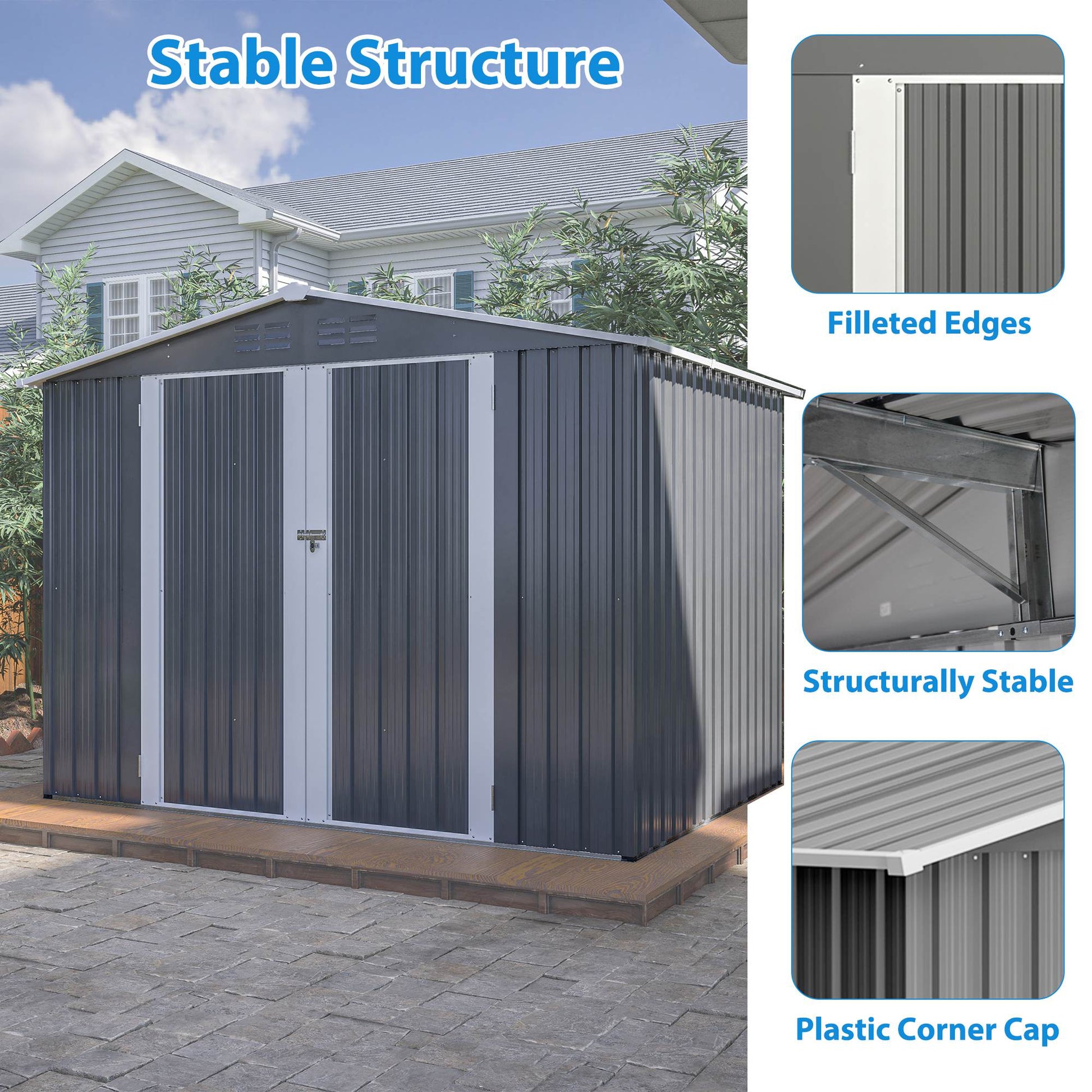 8 X 6 FT Outdoor Waterproof Garden Tool Storage Sheds With Metal Foundation With Floor Frame, Tool Shed With Lockable Hinged Doors & Air Vents, Storage House Waterproof For Backyard, Lawn, Gray - Loving My Life Outdoors