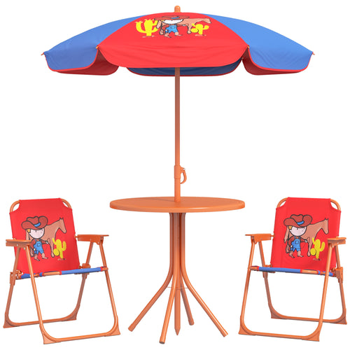 Kids Picnic Table And Chair Set, Cowboy Themed Outdoor Garden Furniture W/ Foldable Chairs, Adjustable Parasol - Loving My Life Outdoors