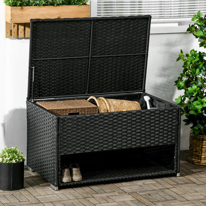 Outdoor Deck Box & Shoe Storage, PE Rattan Wicker Towel Rack with Liner for Indoor, Outdoor, Patio Furniture Cushions, Pool, Garden Tools, Black - Loving My Life Outdoors