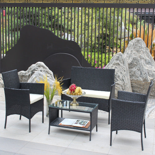 4 PC Rattan Patio Furniture Set Outdoor Patio Cushioned Seat Wicker Sofa Beige Cushion - Loving My Life Outdoors
