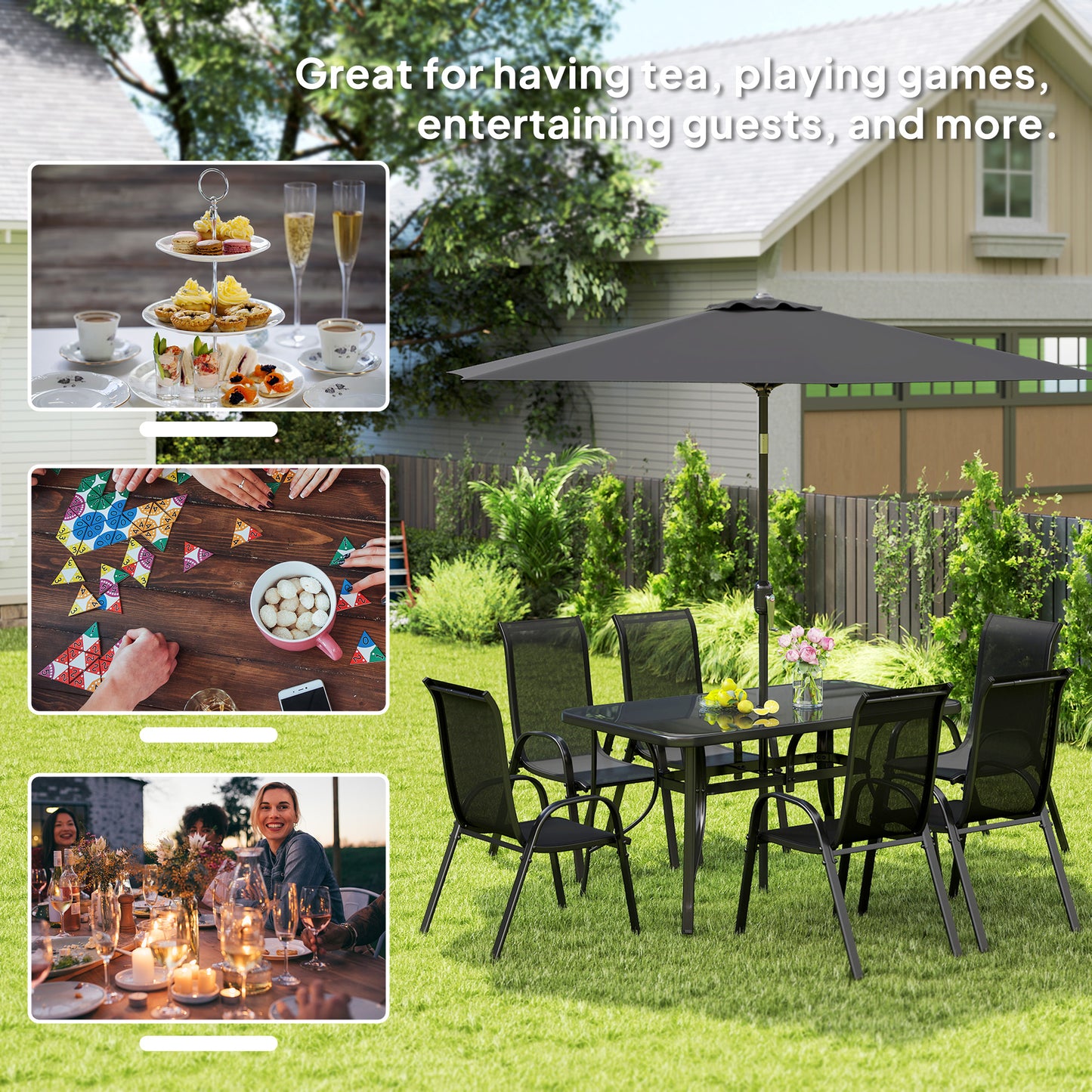 8 Pieces Patio Furniture Set with 9Ft Patio Umbrella, Outdoor Dining Table and Chairs, Black - Loving My Life Outdoors