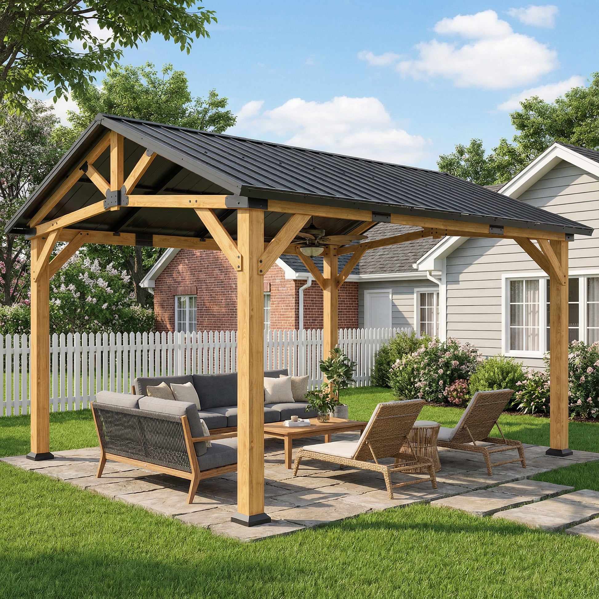 13' x 11' Hardtop Gazebo Canopy with Galvanized Metal Roof, Fir Wood Frame and Central Hook for Patio, Black Gray - Loving My Life Outdoors