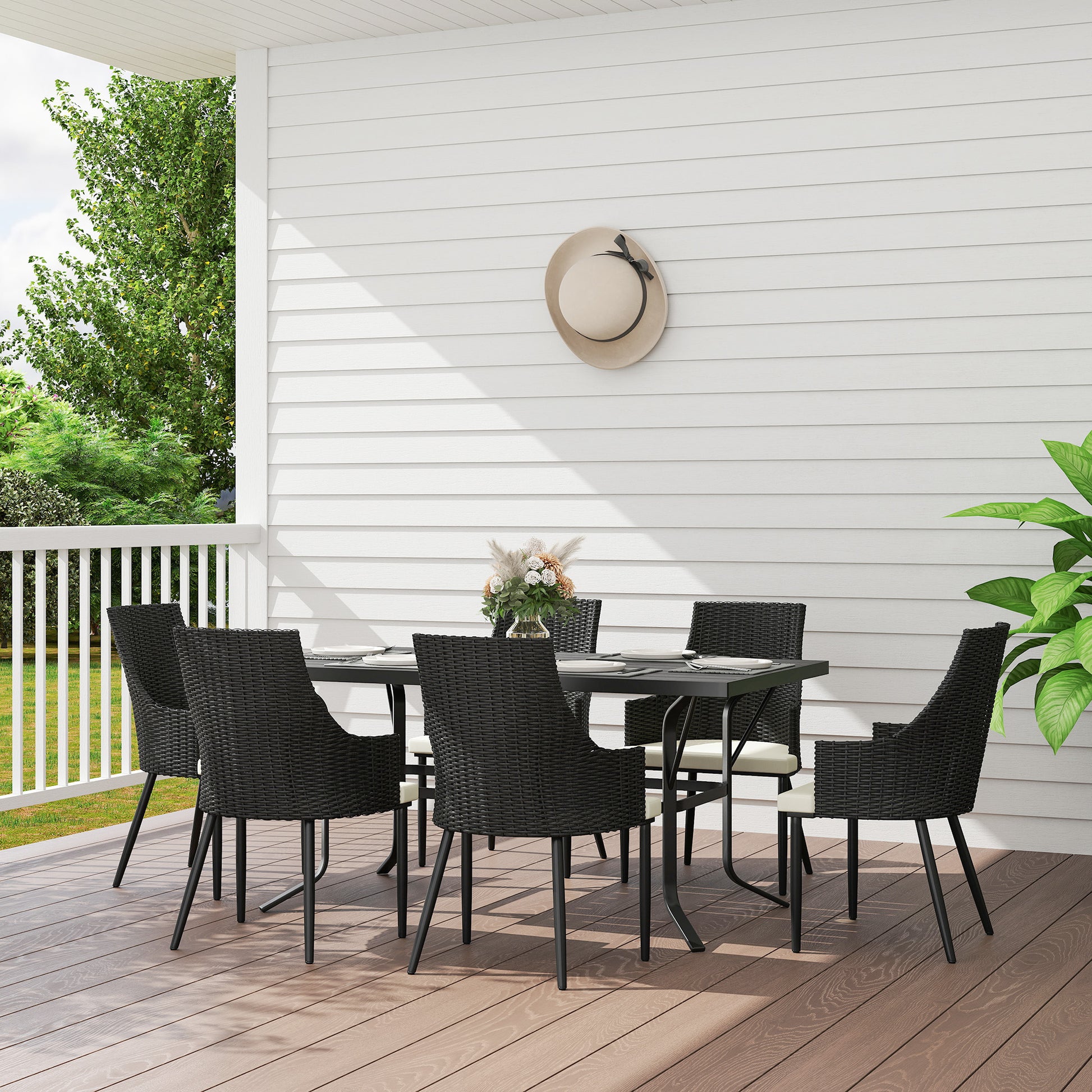 6 Seater Rattan Dining Set With Cushions, Garden Furniture Set With Armchairs, Rectangle Slatted Table Top, Steel Frame, Parasol Hole, Wicker Outdoor Furniture For Patio, Balcony, Cream White - Loving My Life Outdoors
