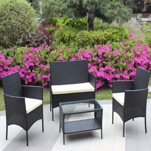 4 PC Rattan Patio Furniture Set Outdoor Patio Cushioned Seat Wicker Sofa Beige Cushion - Loving My Life Outdoors