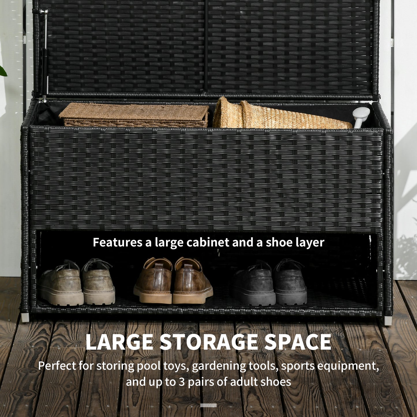 Outdoor Deck Box & Shoe Storage, PE Rattan Wicker Towel Rack with Liner for Indoor, Outdoor, Patio Furniture Cushions, Pool, Garden Tools, Black - Loving My Life Outdoors