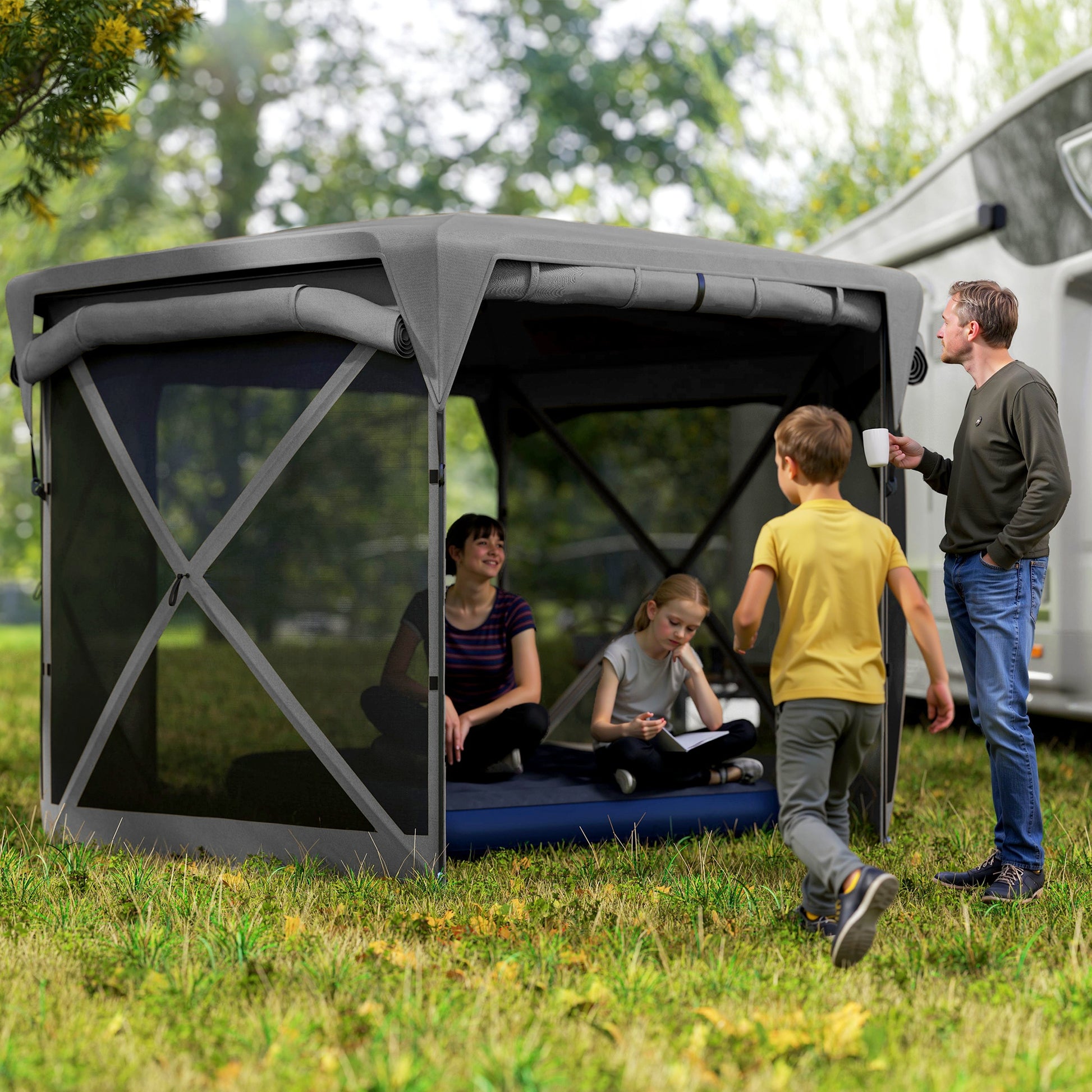11 x 11ft Pop Up Gazebo Screen Tent with Removable Roof Cover, Roll-up Wind Panels for Camping, Backyard, Dark Gray - Loving My Life Outdoors