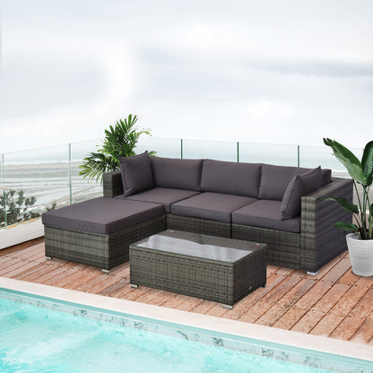 5-Piece Outdoor Sectional Furniture, Patio Sofa Set, PE Wicker Couch, Cushions, Pillows, Ottoman, Table, Charcoal - Loving My Life Outdoors