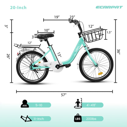 A20182 20 Inch Kids Bike For Boys & Girls, Children's Bicycle With Coaster Brake & V-Brake, 1-Speed, Chain Guard & Rear Rack, Lightweight Steel Frame Pink, Green, Purple, White - Loving My Life Outdoors