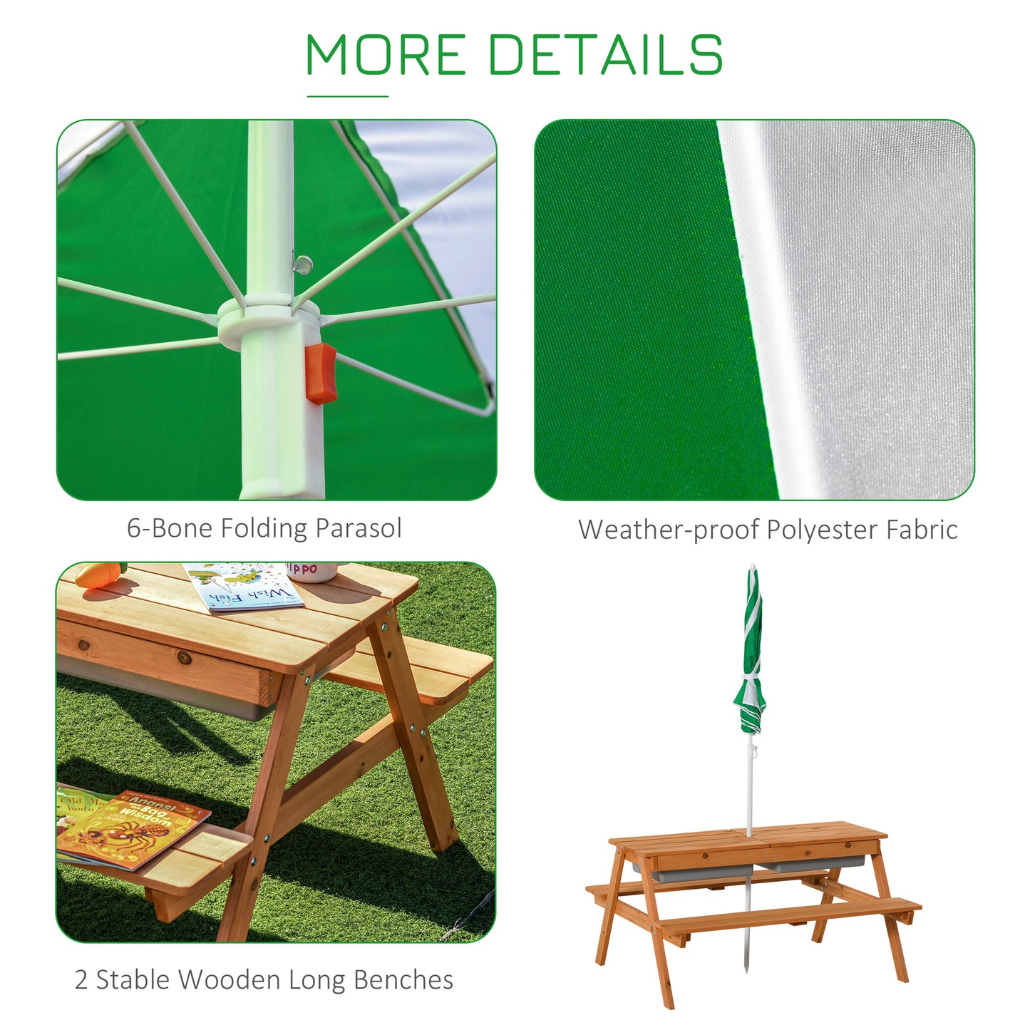 Kids 3 in 1 Sand and Water Table, Wooden Outdoor Convertible Picnic Table with Umbrella and Storage Inside.