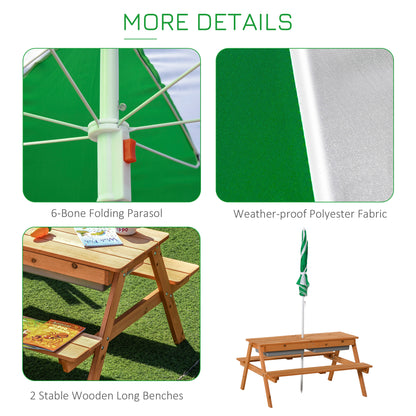 Kids 3 in 1 Sand and Water Table, Wooden Outdoor Convertible Picnic Table with Umbrella and Storage Inside.
