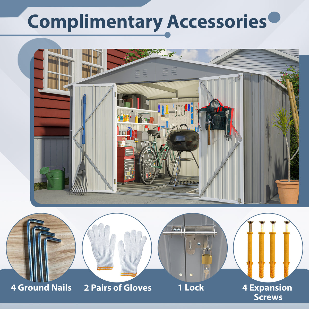 10X8 FT Outdoor Tool Storage Shed With Metal Foundation & Lockable Doors, All Weather Metal Sheds For Garden, Patio, Backyard, Lawn, Gray - Loving My Life Outdoors