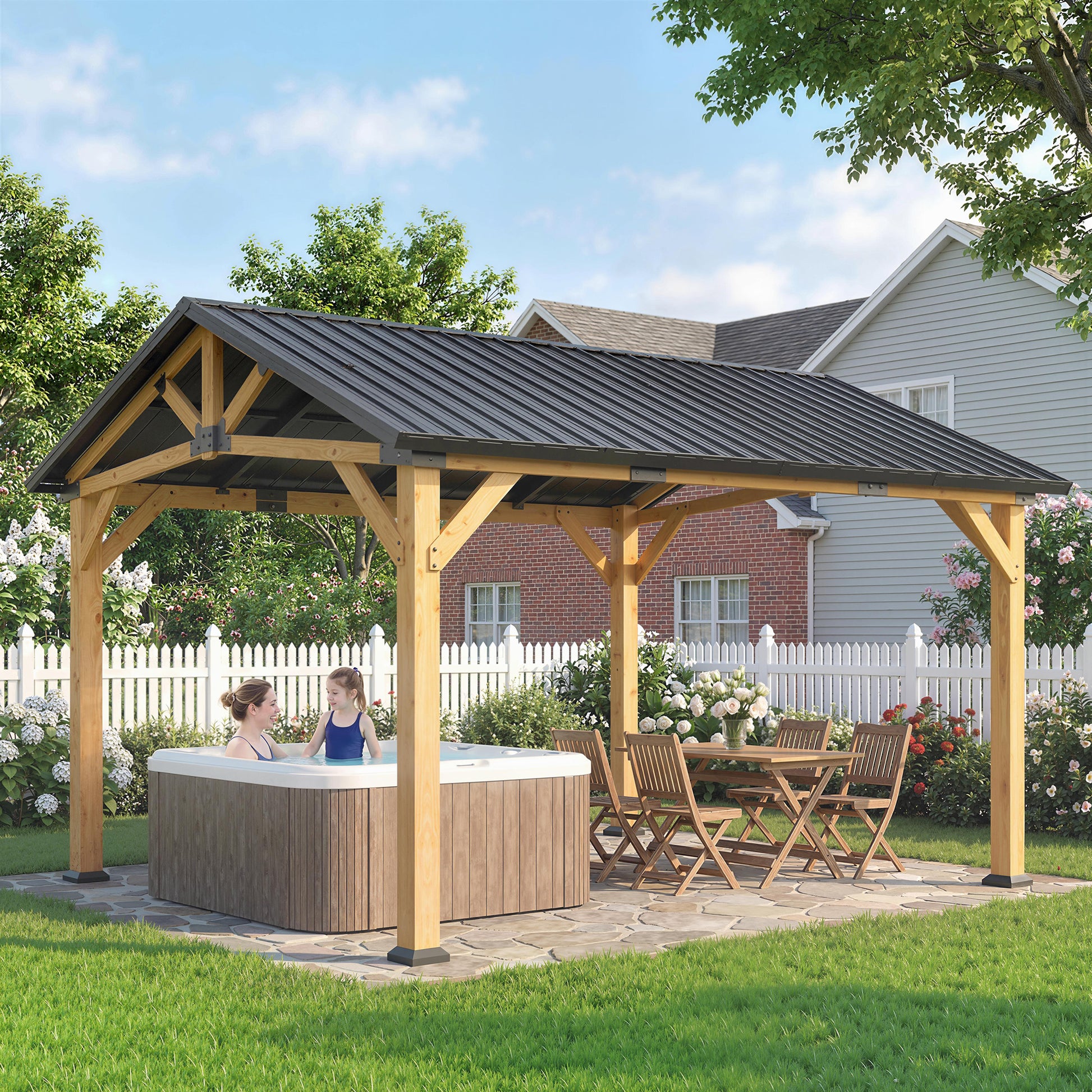 13' x 11' Hardtop Gazebo Canopy with Galvanized Metal Roof, Fir Wood Frame and Central Hook for Patio, Black Gray - Loving My Life Outdoors