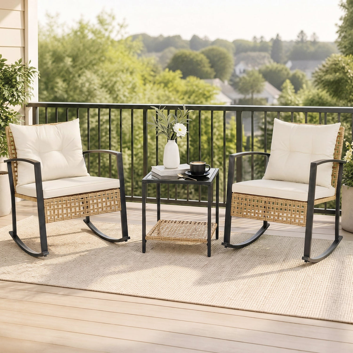 3-Piece Rattan Patio Conversation Set with Rocking Chairs