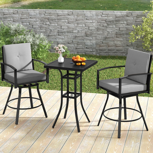 3-Piece Patio Swivel Bar Set with Cushions & Umbrella Hole
