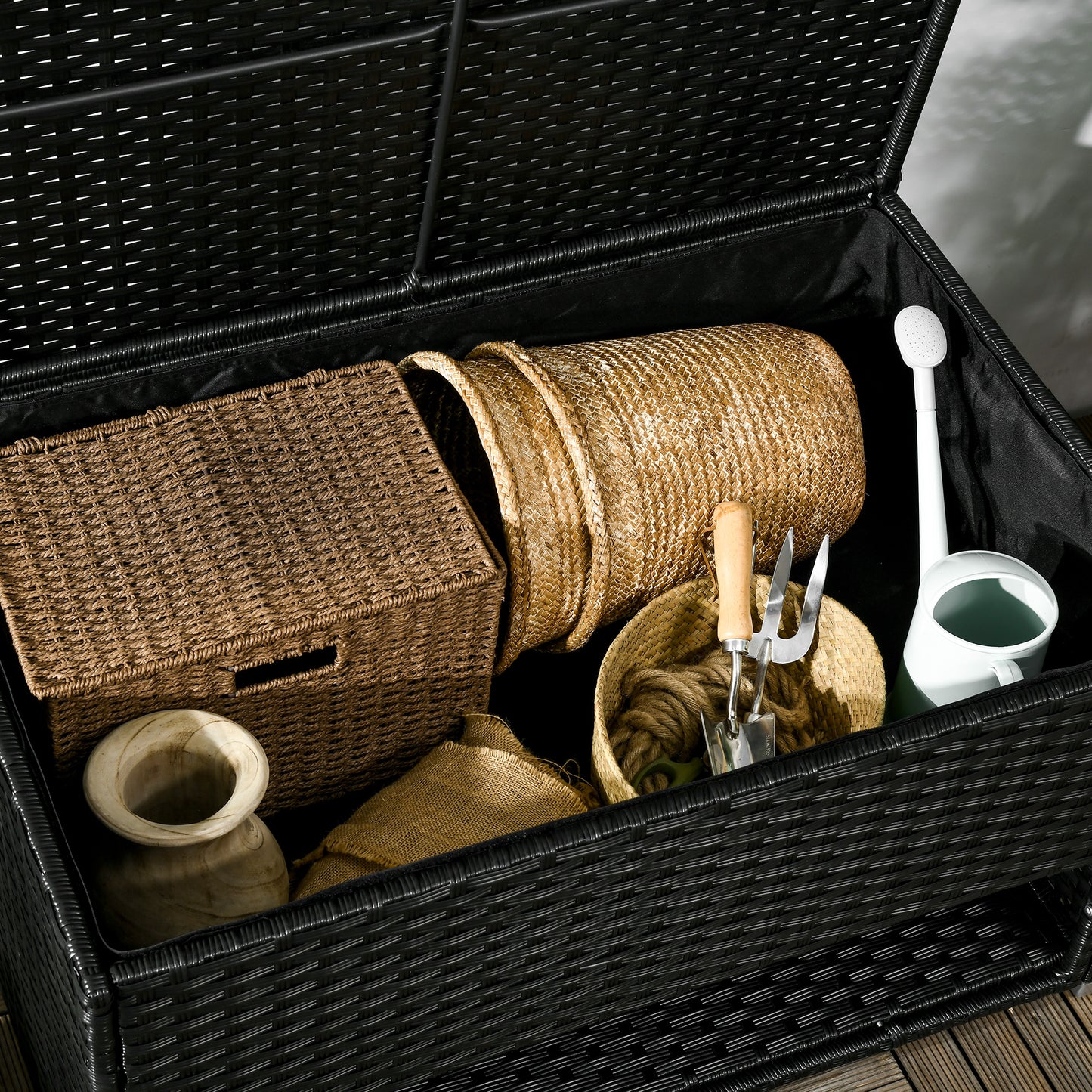 Outdoor Deck Box & Shoe Storage, PE Rattan Wicker Towel Rack with Liner for Indoor, Outdoor, Patio Furniture Cushions, Pool, Garden Tools, Black - Loving My Life Outdoors
