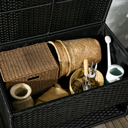 Outdoor Deck Box & Shoe Storage, PE Rattan Wicker Towel Rack with Liner for Indoor, Outdoor, Patio Furniture Cushions, Pool, Garden Tools, Black - Loving My Life Outdoors