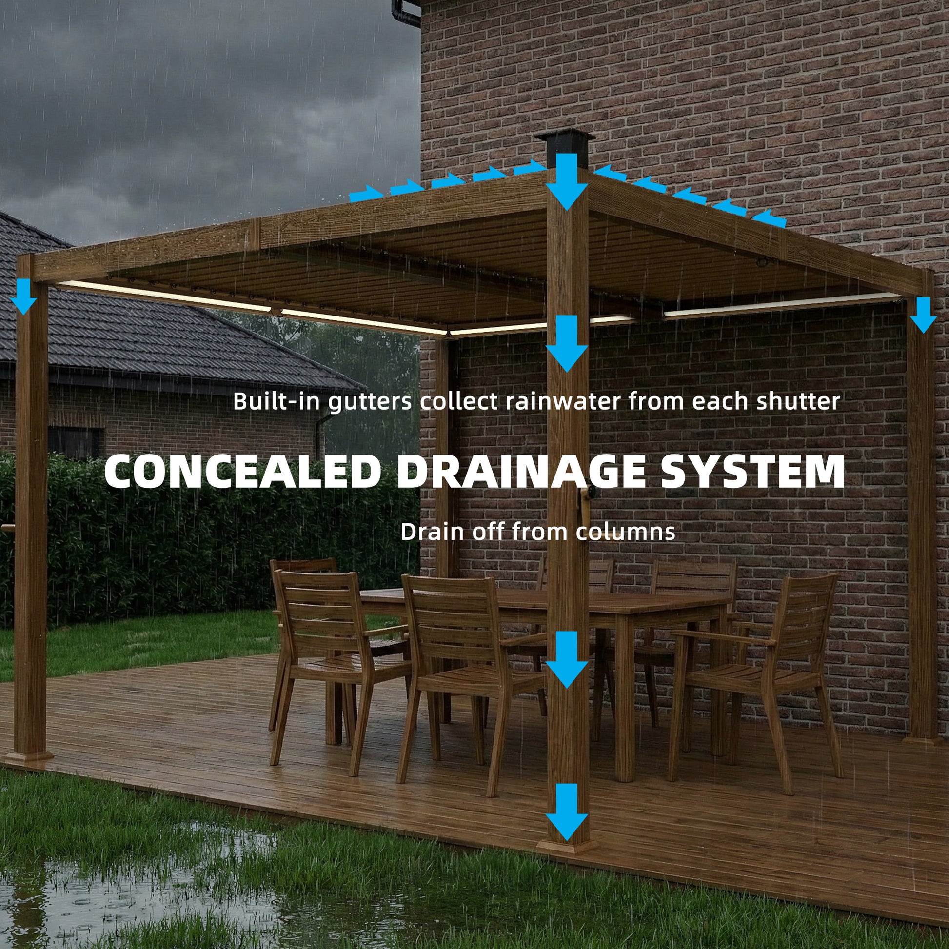 10' x 10' Louvered Pergola with Solar LED lights, Metal Roof, Outdoor Pergola Patio Gazebo with Drainage Gutters, Brown - Loving My Life Outdoors