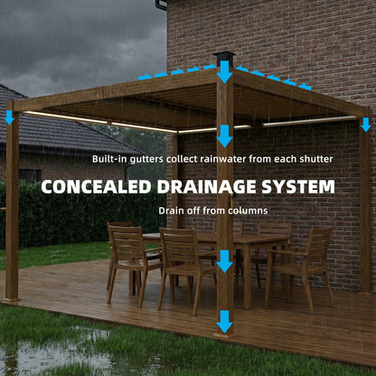 10' x 10' Louvered Pergola with Solar LED lights, Metal Roof, Outdoor Pergola Patio Gazebo with Drainage Gutters, Brown - Loving My Life Outdoors