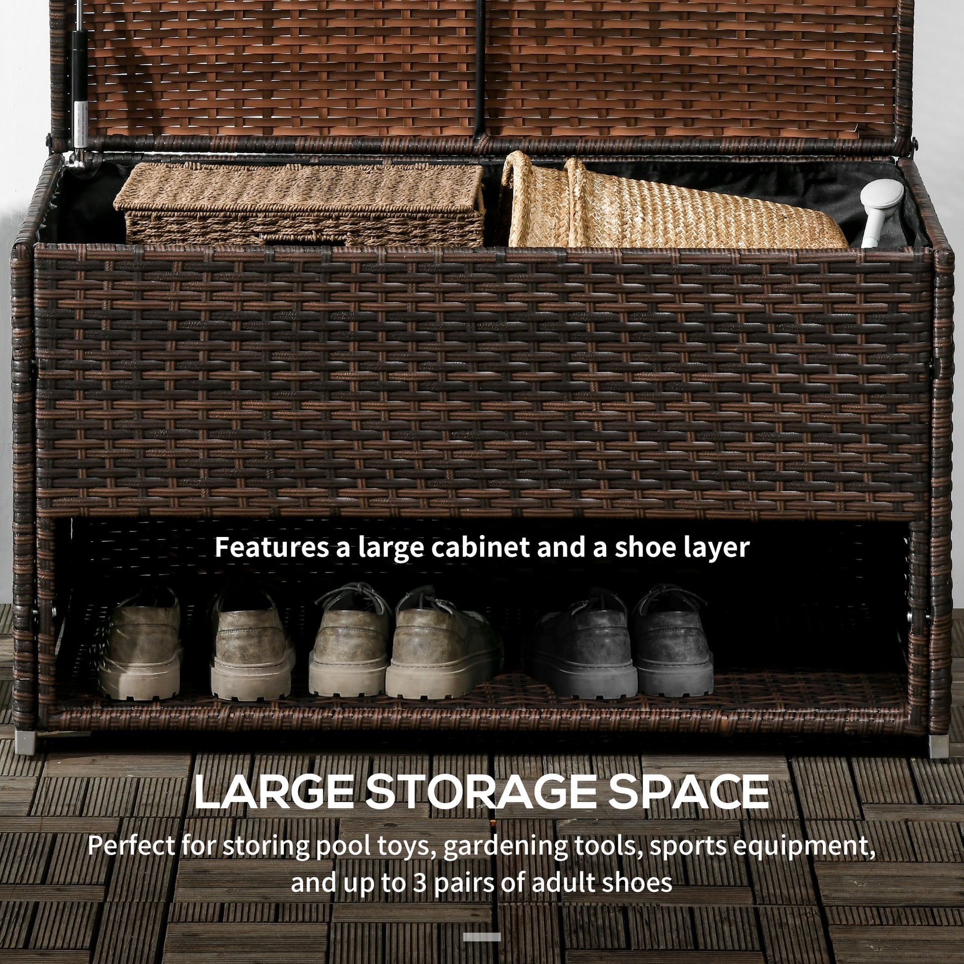 Outdoor Deck Box & Shoe Storage, PE Rattan Wicker Towel Rack with Liner for Indoor, Outdoor, Patio Furniture Cushions, Pool, Garden Tools, Brown - Loving My Life Outdoors