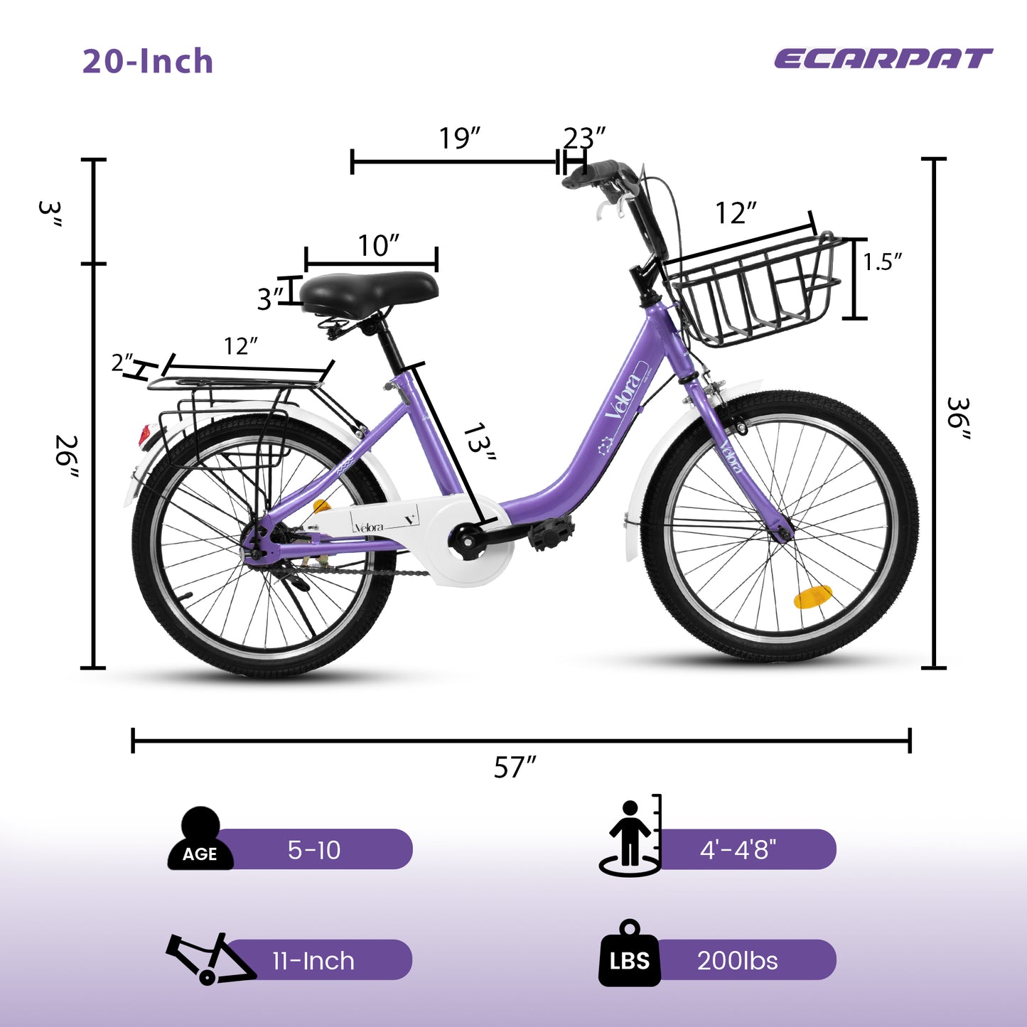 A20182 20 Inch Kids Bike For Boys & Girls, Children's Bicycle With Coaster Brake & V-Brake, 1-Speed, Chain Guard & Rear Rack, Lightweight Steel Frame Pink, Green, Purple, White - Loving My Life Outdoors