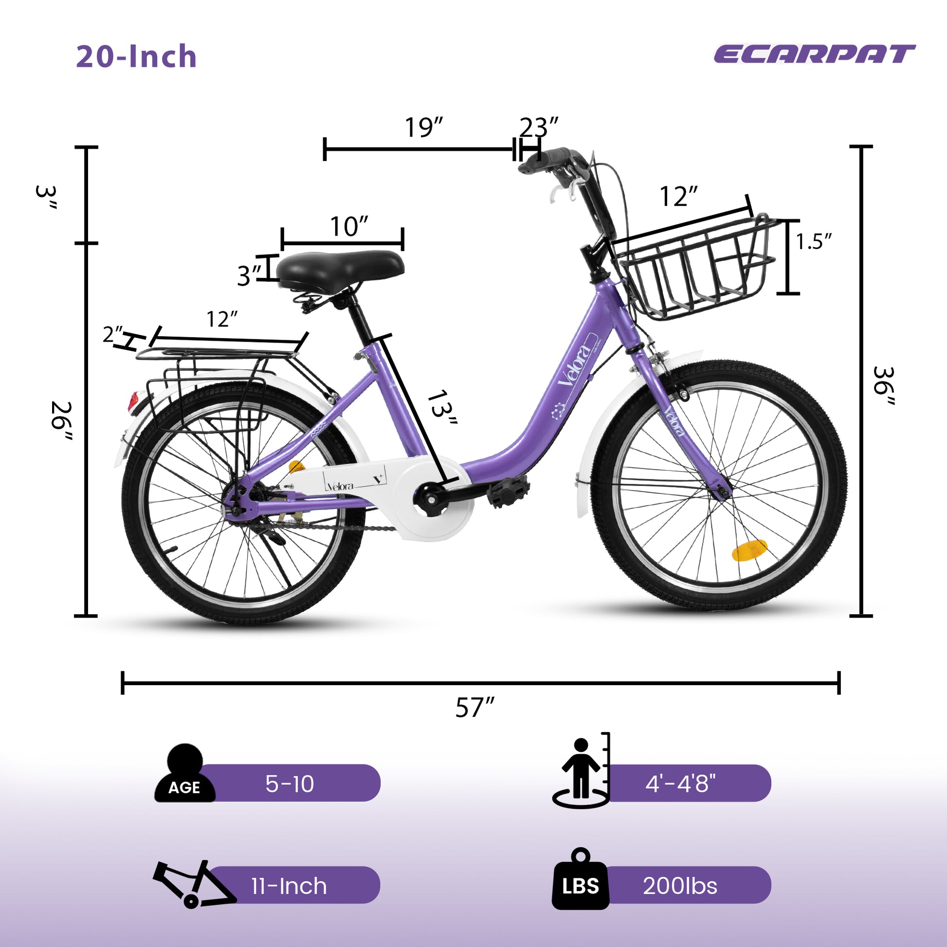 A20182 20 Inch Kids Bike For Boys & Girls, Children's Bicycle With Coaster Brake & V-Brake, 1-Speed, Chain Guard & Rear Rack, Lightweight Steel Frame Pink, Green, Purple, White - Loving My Life Outdoors