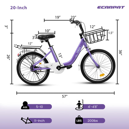 A20182 20 Inch Kids Bike For Boys & Girls, Children's Bicycle With Coaster Brake & V-Brake, 1-Speed, Chain Guard & Rear Rack, Lightweight Steel Frame Pink, Green, Purple, White - Loving My Life Outdoors
