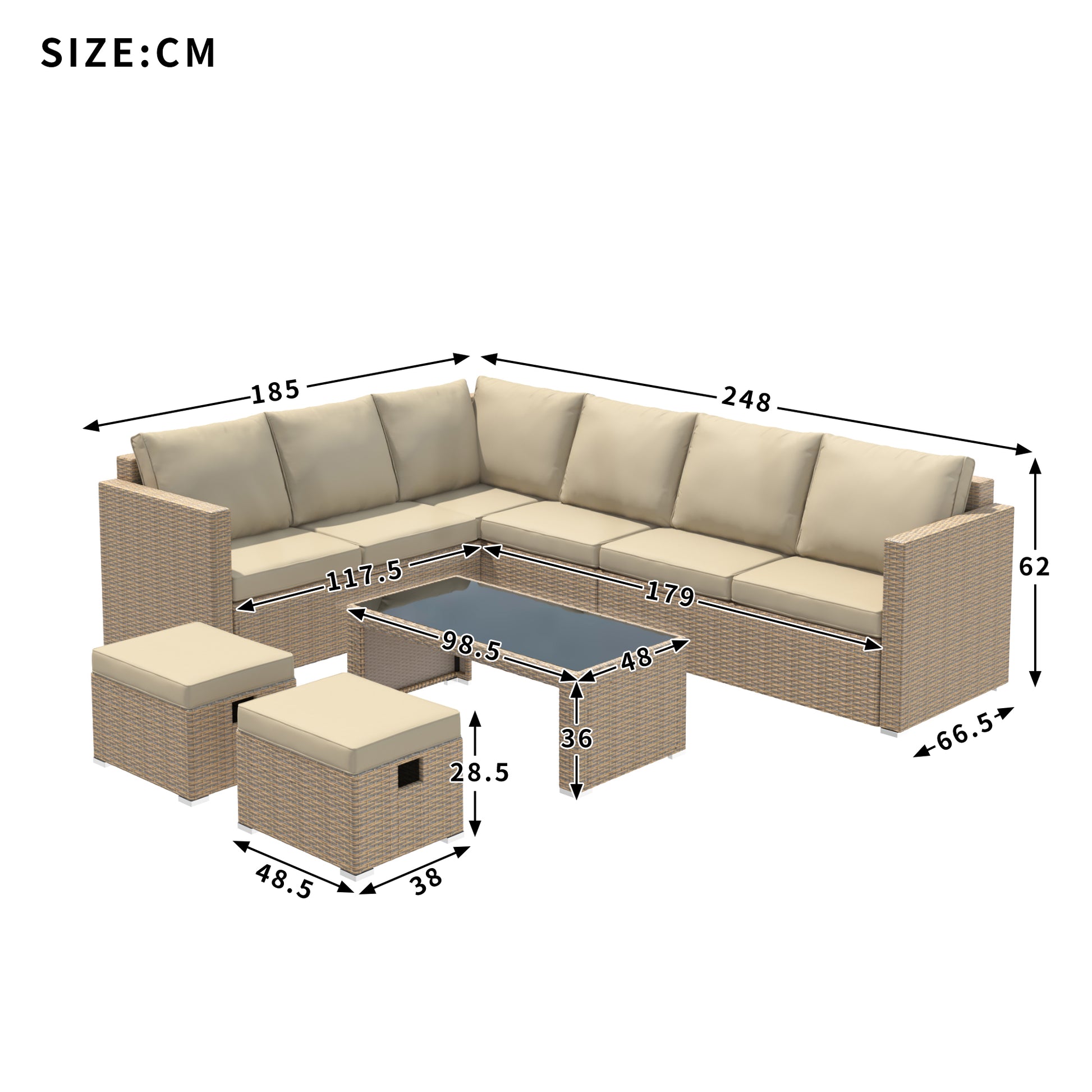 Garden Corner Sofa Set Rattan Sofa Outdoor Furniture With Coffee Table 2 Stools, Khaki - Loving My Life Outdoors