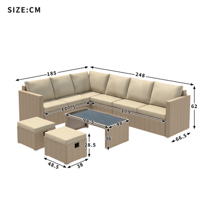 Garden Corner Sofa Set Rattan Sofa Outdoor Furniture With Coffee Table 2 Stools, Khaki - Loving My Life Outdoors