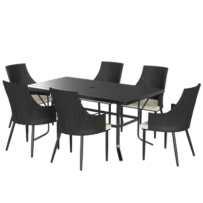 6 Seater Rattan Dining Set With Cushions, Garden Furniture Set With Armchairs, Rectangle Slatted Table Top, Steel Frame, Parasol Hole, Wicker Outdoor Furniture For Patio, Balcony, Cream White - Loving My Life Outdoors