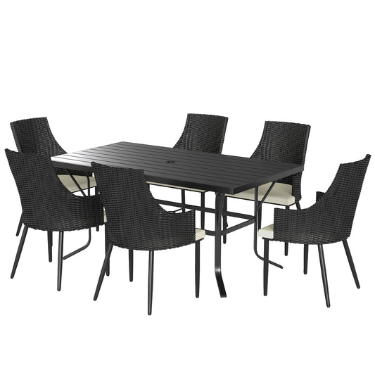 6 Seater Rattan Dining Set With Cushions, Garden Furniture Set With Armchairs, Rectangle Slatted Table Top, Steel Frame, Parasol Hole, Wicker Outdoor Furniture For Patio, Balcony, Cream White - Loving My Life Outdoors