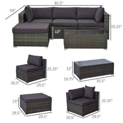 5-Piece Outdoor Sectional Furniture, Patio Sofa Set, PE Wicker Couch, Cushions, Pillows, Ottoman, Table, Charcoal - Loving My Life Outdoors