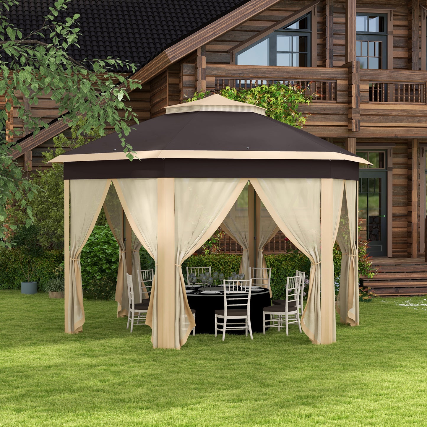 13' x 13' Pop Up Gazebo Hexagonal Canopy Shelter with 6 Zippered Mesh Netting for Patio, Backyard, Garden, Wedding, Party, Beige - Loving My Life Outdoors
