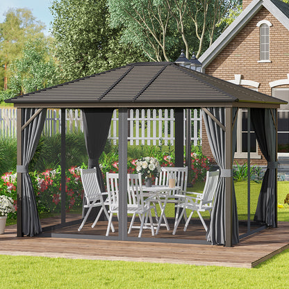 10' x 12' Hardtop Gazebo with Curtains and Netting, Gazebo Canopy with Aluminum Frame and Hooks, Dark Gray - Loving My Life Outdoors