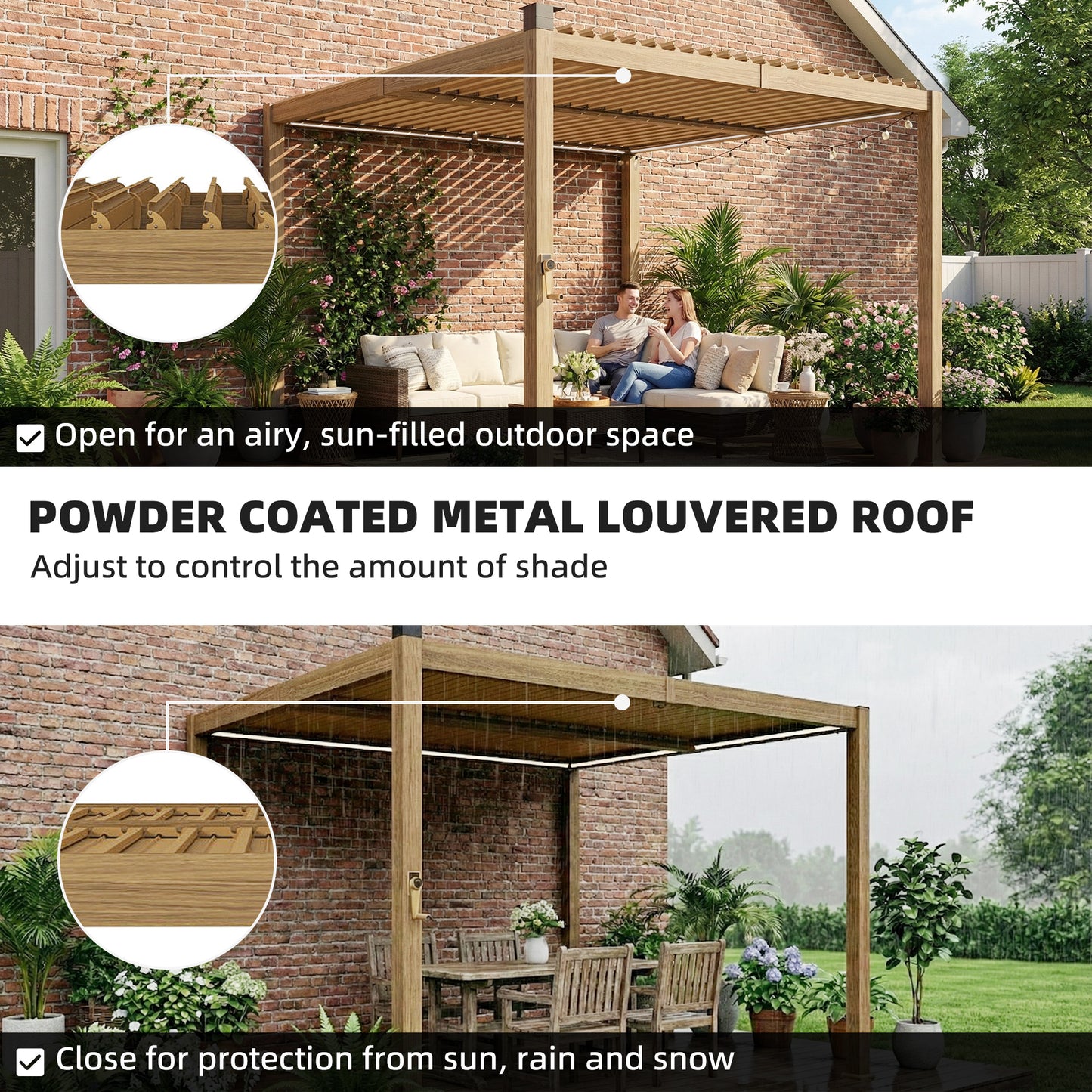 10' x 10' Louvered Pergola with Solar LED lights, Metal Roof, Outdoor Pergola Patio Gazebo with Drainage Gutters, Brown - Loving My Life Outdoors