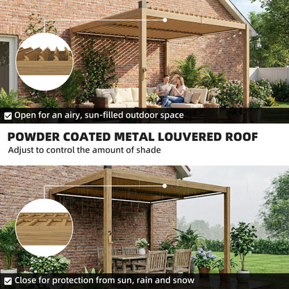 10' x 10' Louvered Pergola with Solar LED lights, Metal Roof, Outdoor Pergola Patio Gazebo with Drainage Gutters, Brown - Loving My Life Outdoors