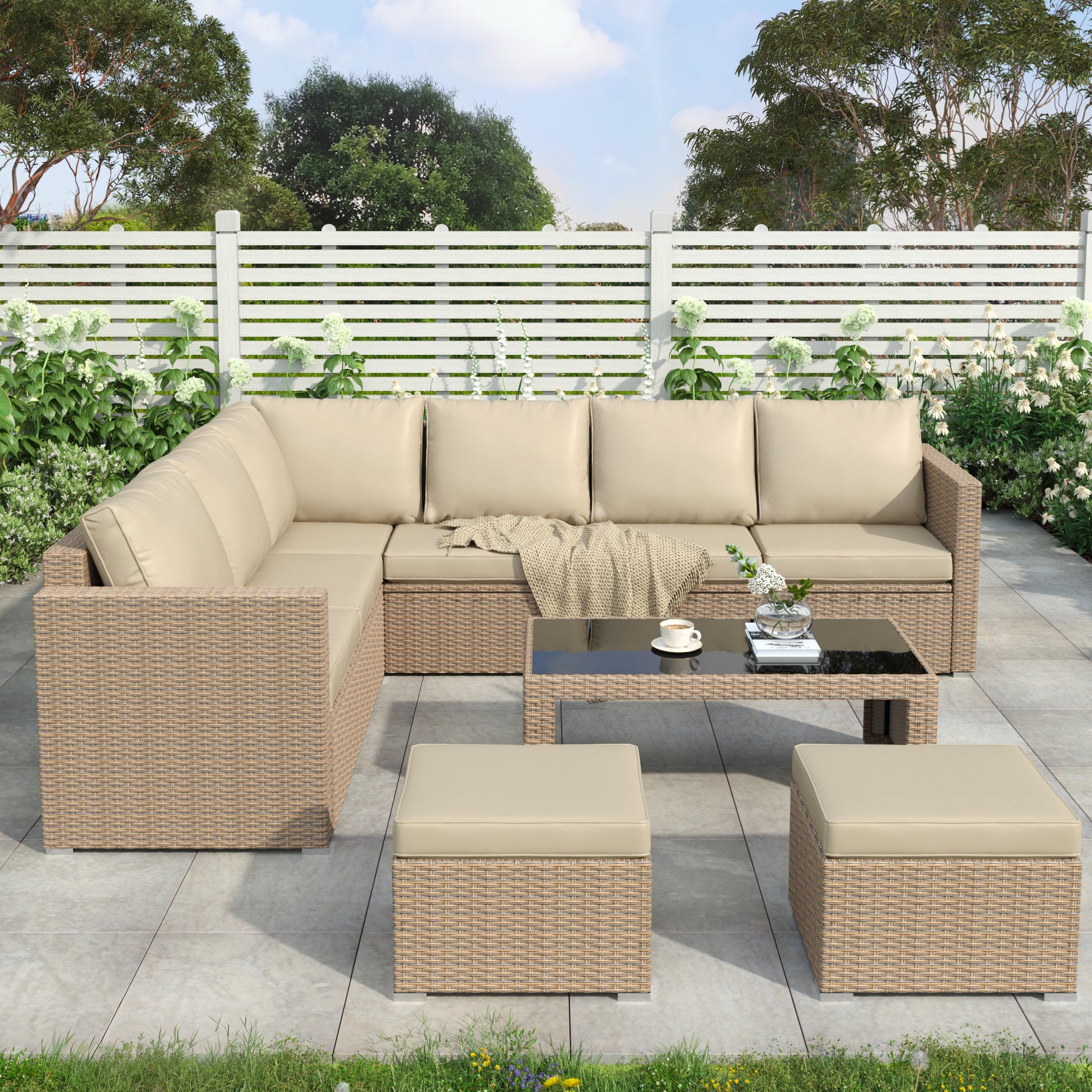 Garden Corner Sofa Set Rattan Sofa Outdoor Furniture With Coffee Table 2 Stools, Khaki - Loving My Life Outdoors
