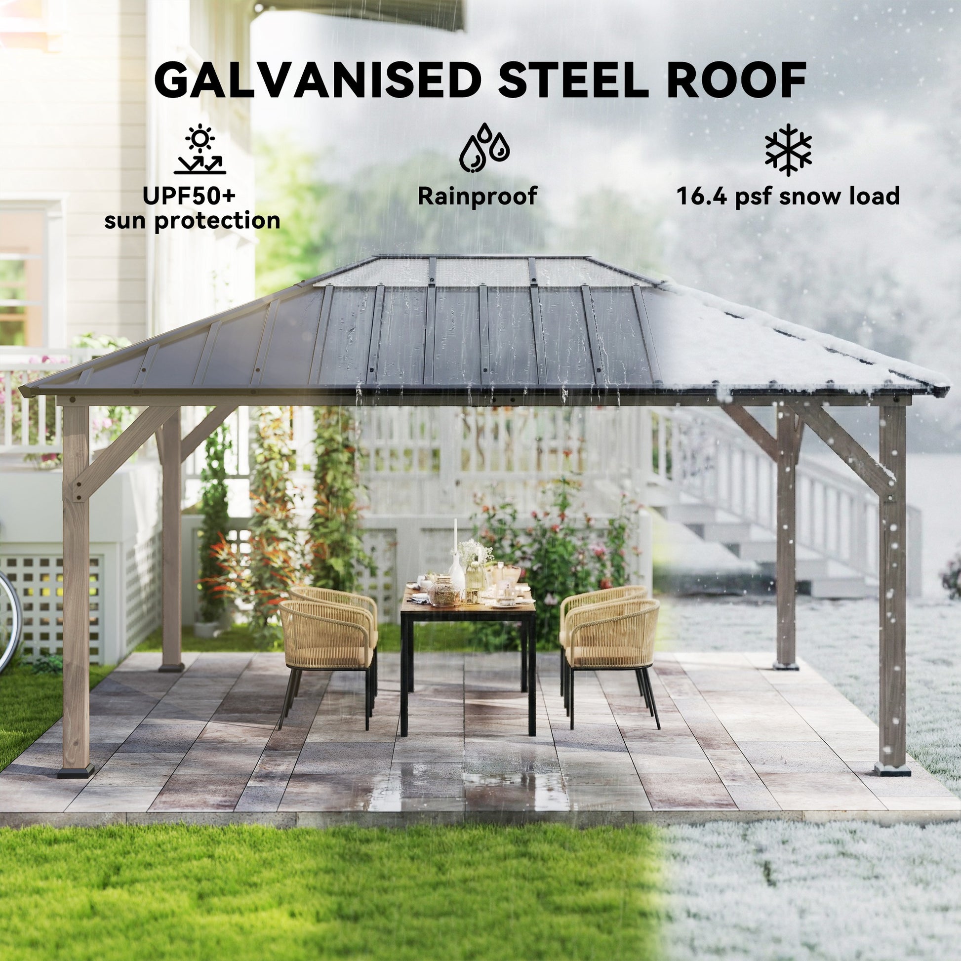 12' x 16' Hardtop Gazebo with Galvanized Steel Roof, UPF50+ Wood Permanent Pavilion with Clear Roof Top, Light Walnut - Loving My Life Outdoors