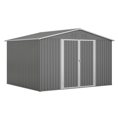 10X8 FT Outdoor Tool Storage Shed With Metal Foundation & Lockable Doors, All Weather Metal Sheds For Garden, Patio, Backyard, Lawn, Gray - Loving My Life Outdoors