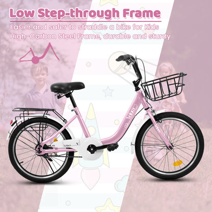 A20182 20 Inch Kids Bike For Boys & Girls, Children's Bicycle With Coaster Brake & V-Brake, 1-Speed, Chain Guard & Rear Rack, Lightweight Steel Frame Pink, Green, Purple, White - Loving My Life Outdoors